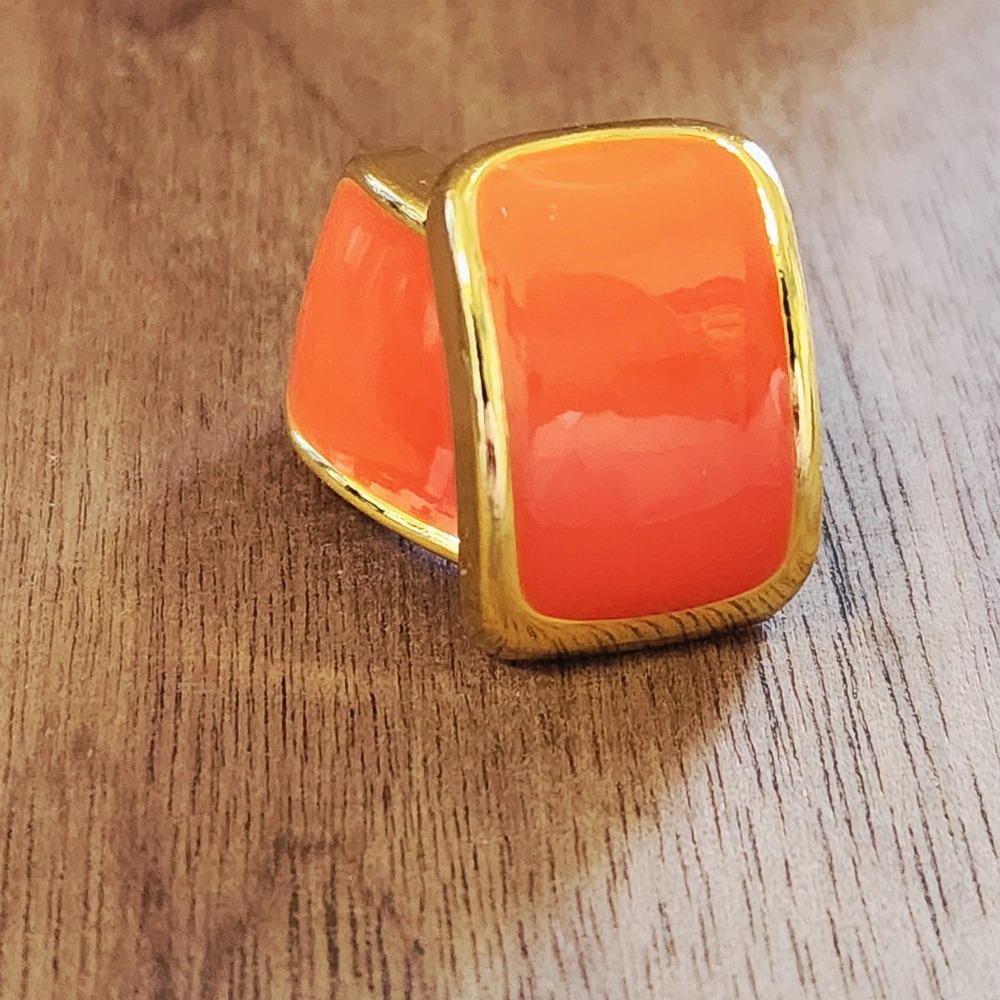 Orange Enamel Gold Tone Rectangular Stud Earrings Bold Minimalist Modern Jewelry - Picture 4 of 5